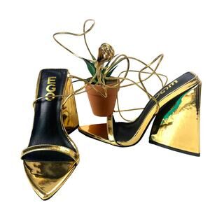 EGO Gold Lace Up Chunky Heeled Womens Sandals Shoes Size 5 Shiny Pointed